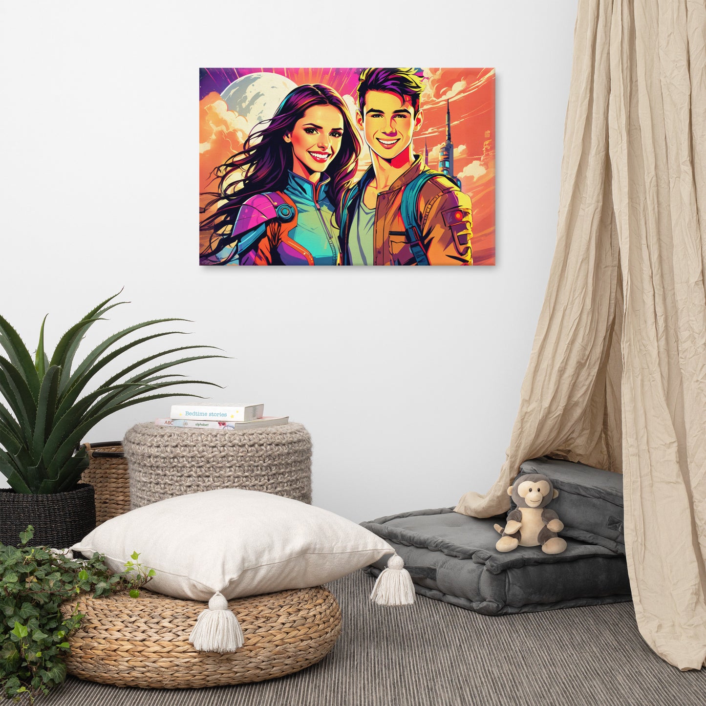 Custom pop art portrait featuring a young couple in comic style on a canvas displaying on wall of a cozy living room