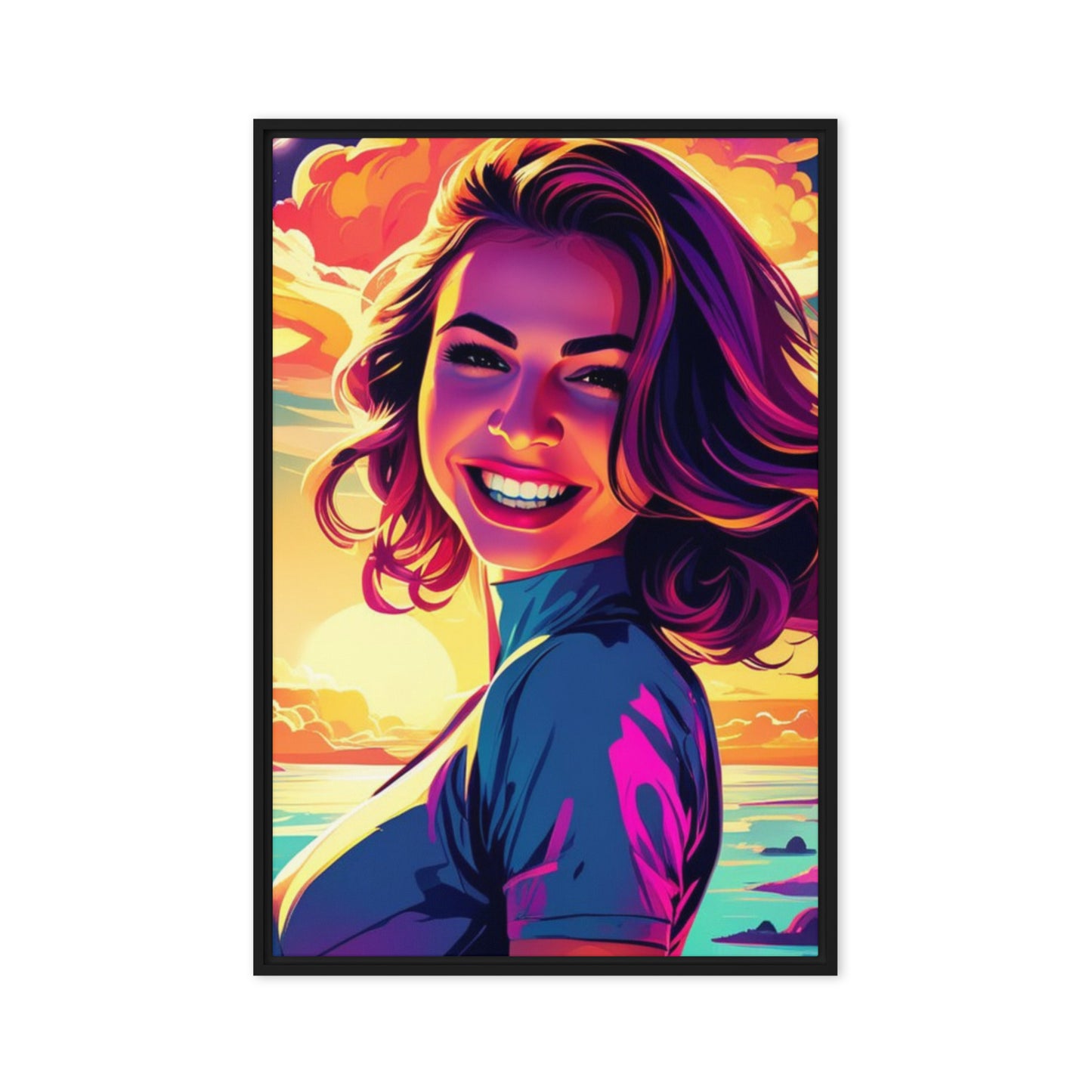 Custom portrait in vibrant pop art style, featuring a smiling woman on framed canvas.