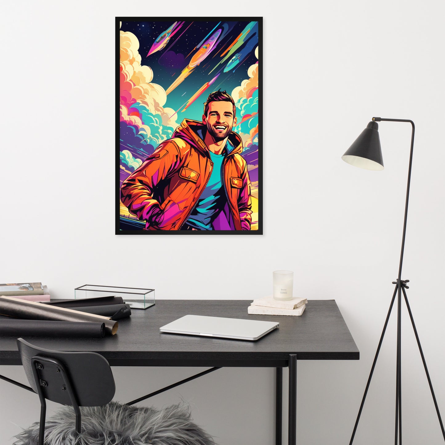 Custom portraits in vibrant pop art style with a comic twist, featuring a happy man on framed poster displayed on a wall.