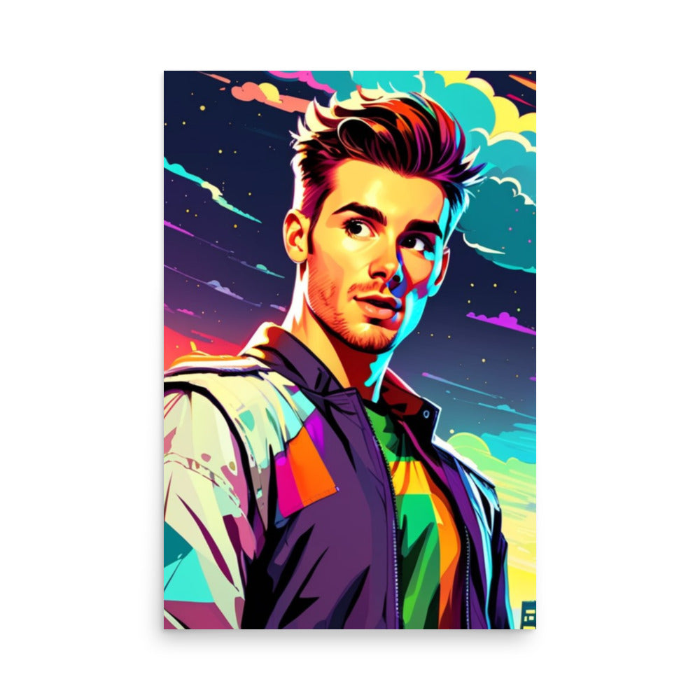 Custom portraits in vibrant pop art style, featuring a man on unframed poster. 