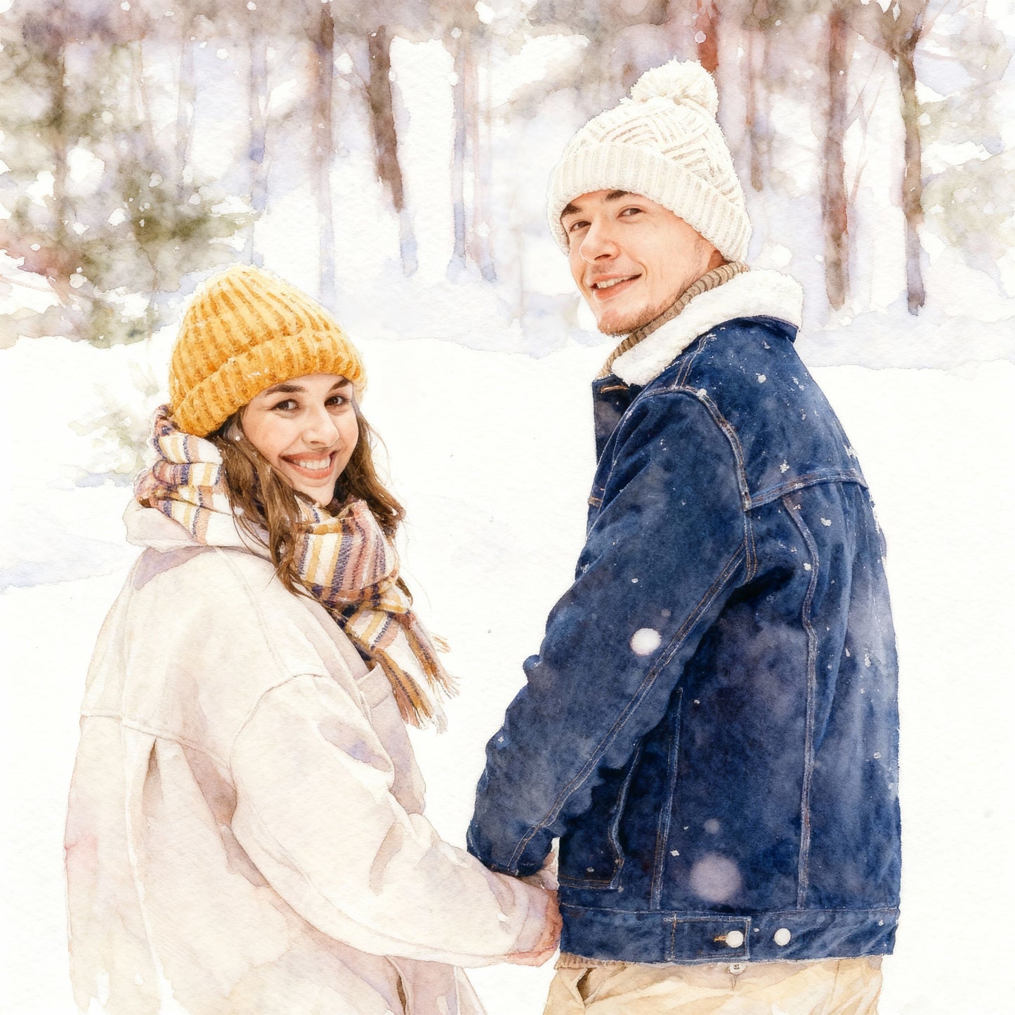 Custom watercolor couple portrait in snowy forest, romantic winter scene in hand-drawn style, personalized gift for couples, anniversary or holiday keepsake.