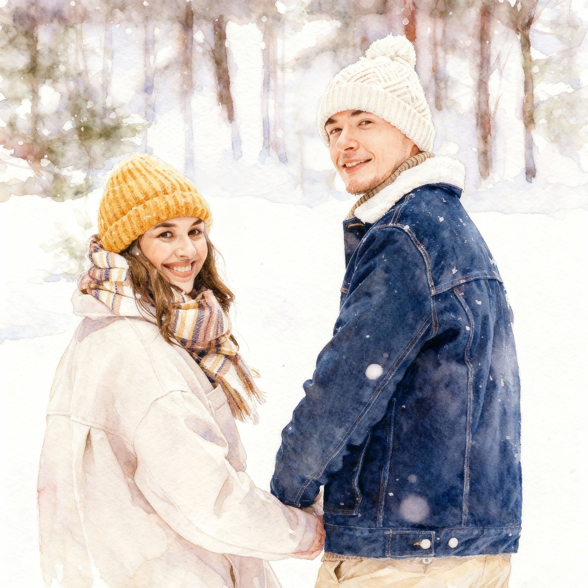 Custom watercolor couple portrait in snowy forest, romantic winter scene in hand-drawn style, personalized gift for couples, anniversary or holiday keepsake.