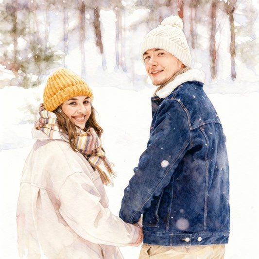 Custom watercolor couple portrait in snowy forest, romantic winter scene in hand-drawn style, personalized gift for couples, anniversary or holiday keepsake.