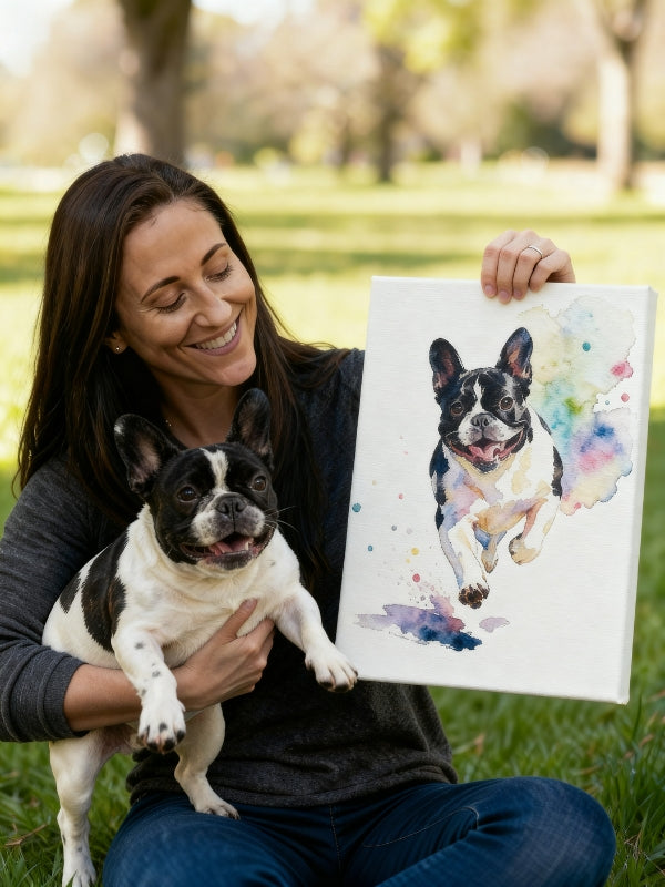 Custom watercolor French Bulldog pet portrait held by owner in outdoor park setting, showcasing vibrant colors and emotional bond.