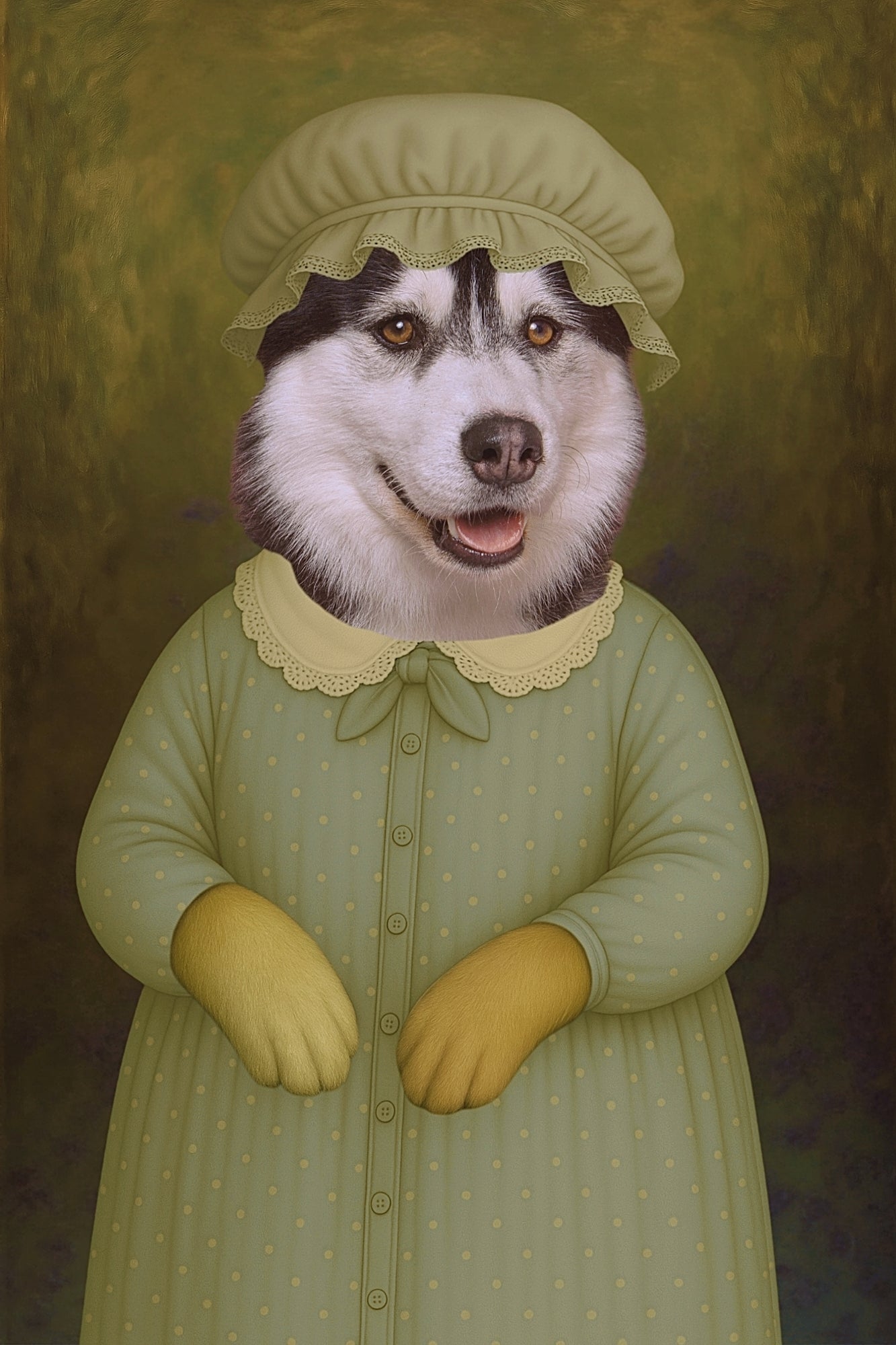A digital portrait of a Husky dog dressed as Granny Wolf, adorned in vintage-style clothing with intricate details, exuding a whimsical and nostalgic charm.