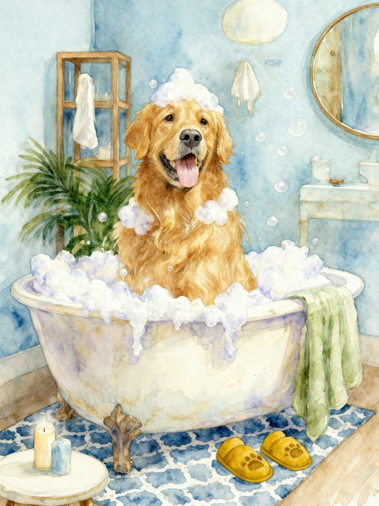 Dog bathroom portrait featuring a pet sitting in a vintage-style bathtub surrounded by bubbles and cozy bathroom decor in a whimsical watercolor scene.