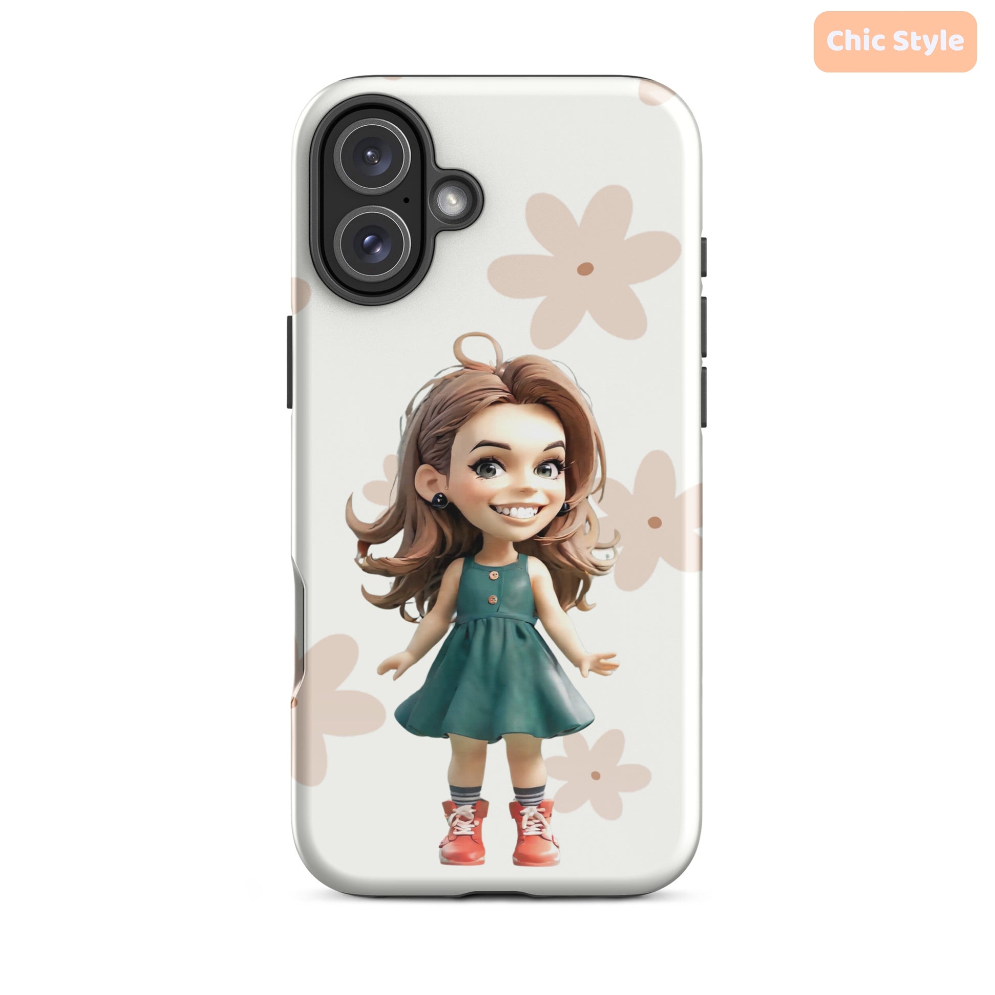 A durable, personalized iPhone case showcasing a custom cartoon portrait of a woman wearing a chic dress, perfect for adding a unique and stylish touch to your device.