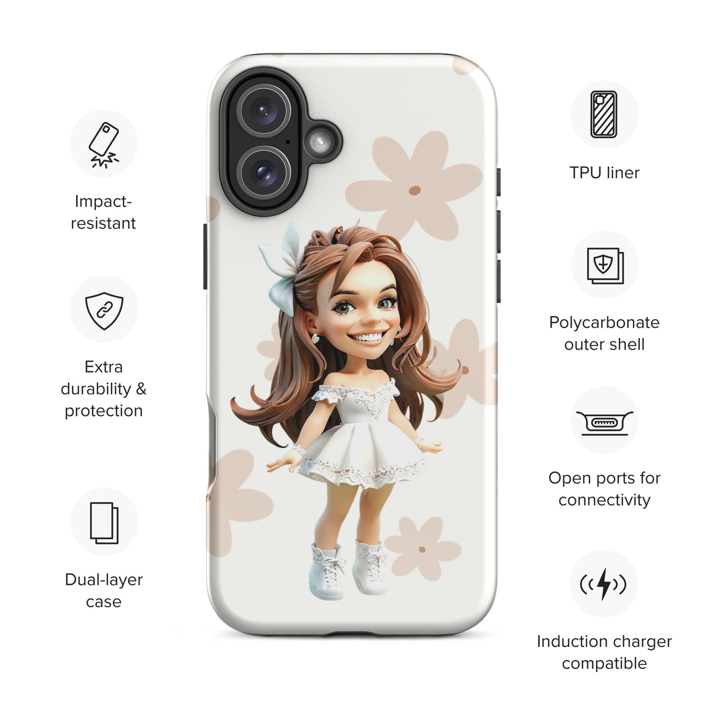 Durable custom cartoon portrait phone case highlighting detailed product features.