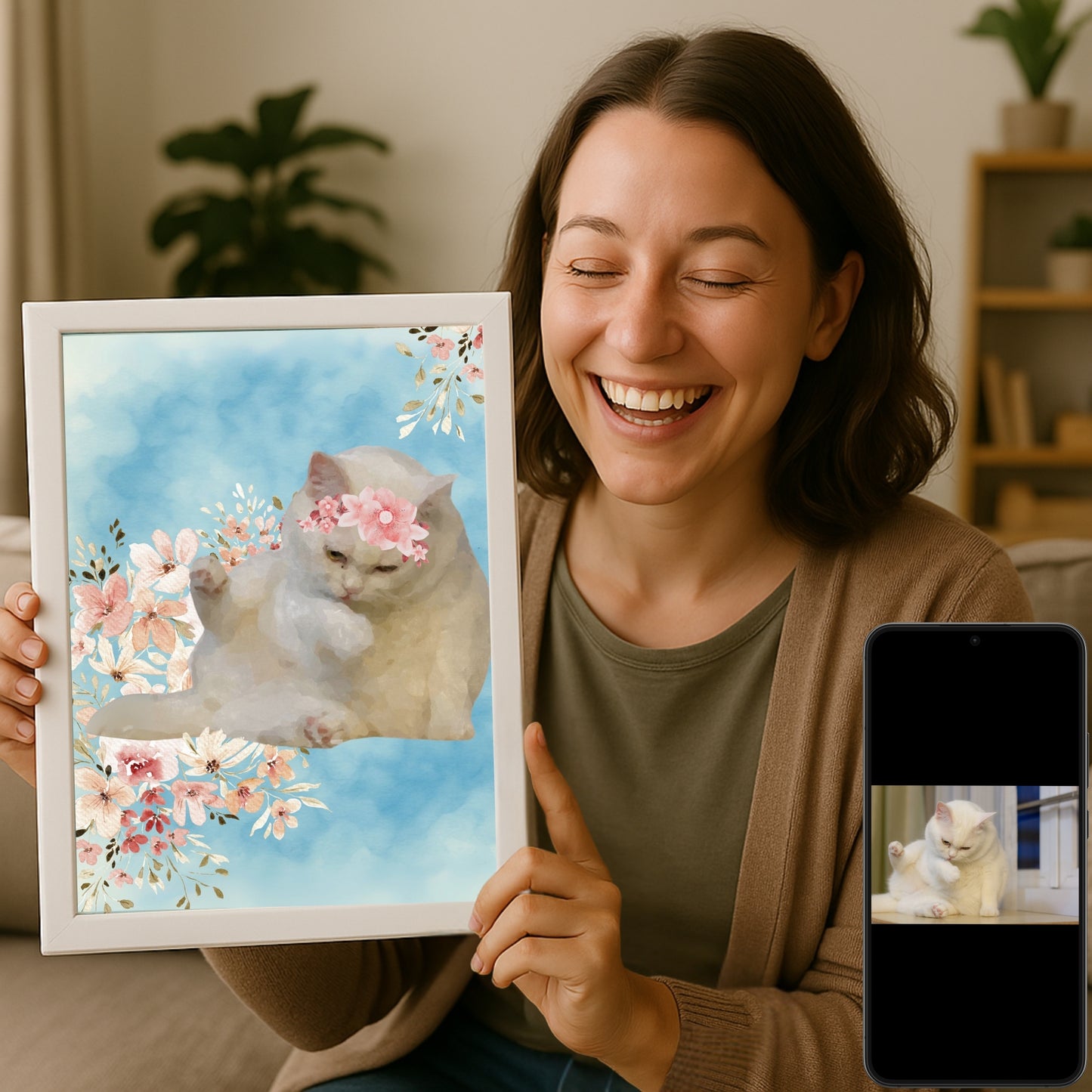 Woman holding a canvas print of her cat's watercolor portrait, adorned with soft floral details.