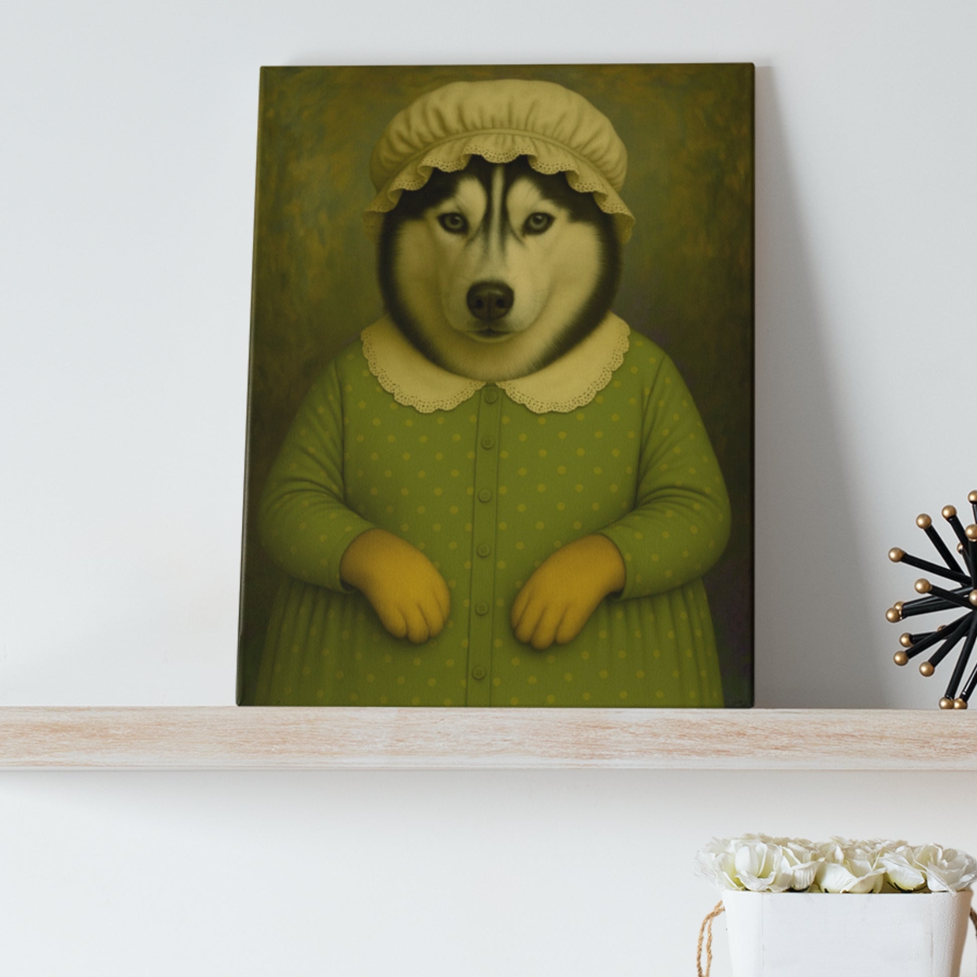 A canvas portrait of a Husky dog dressed as Granny Wolf, elegantly displayed on a wall. The dog is adorned in vintage-style clothing with intricate details, radiating a whimsical and nostalgic charm.