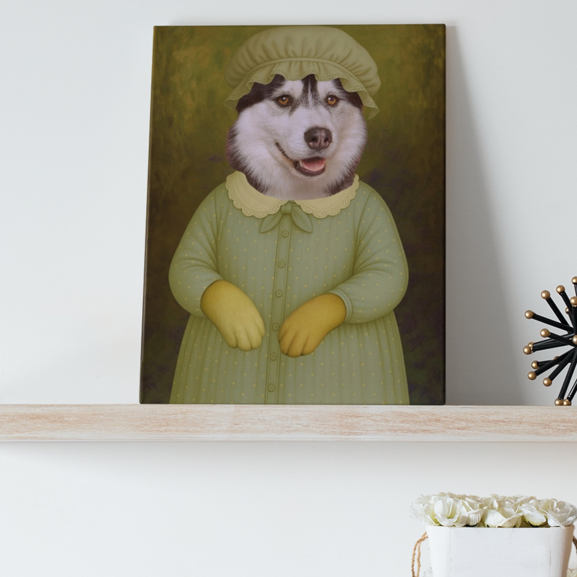 A canvas portrait of a Husky dog dressed as Granny Wolf, elegantly displayed on a wall. The dog is adorned in vintage-style clothing with intricate details, radiating a whimsical and nostalgic charm.