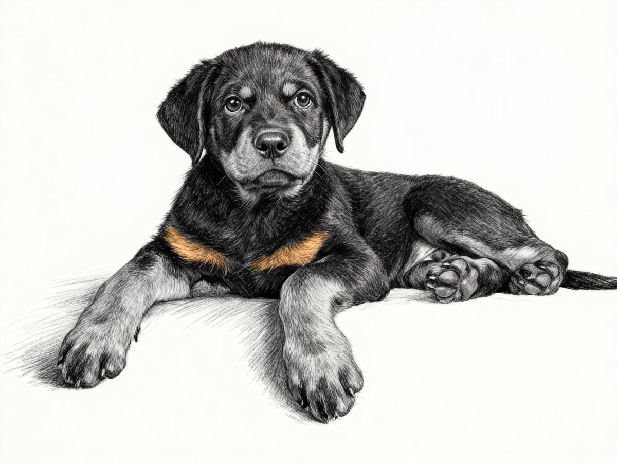 Modern minimalist black and white pencil pet portrait of a lying puppy with tan chest markings on white background.