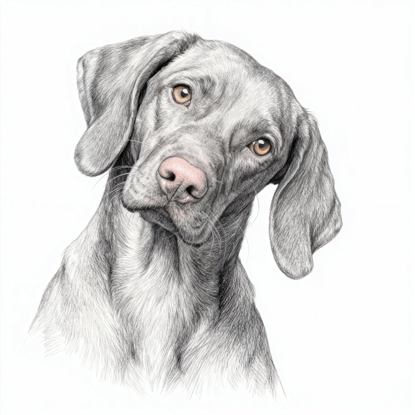 Modern minimalist black and white pencil pet portrait of a Weimaraner with amber eyes and pink nose.