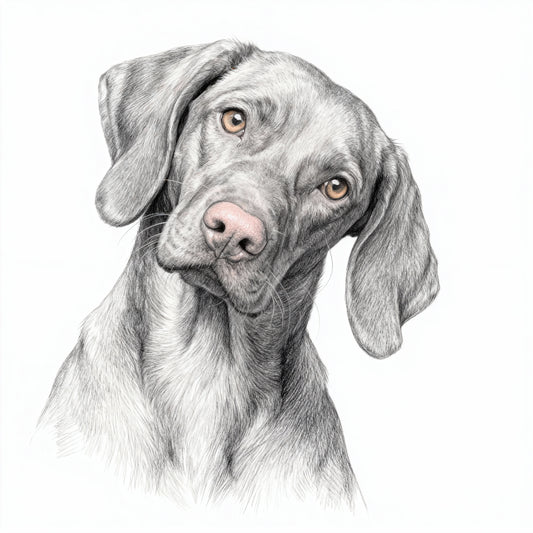Modern minimalist black and white pencil pet portrait of a Weimaraner with amber eyes and pink nose.