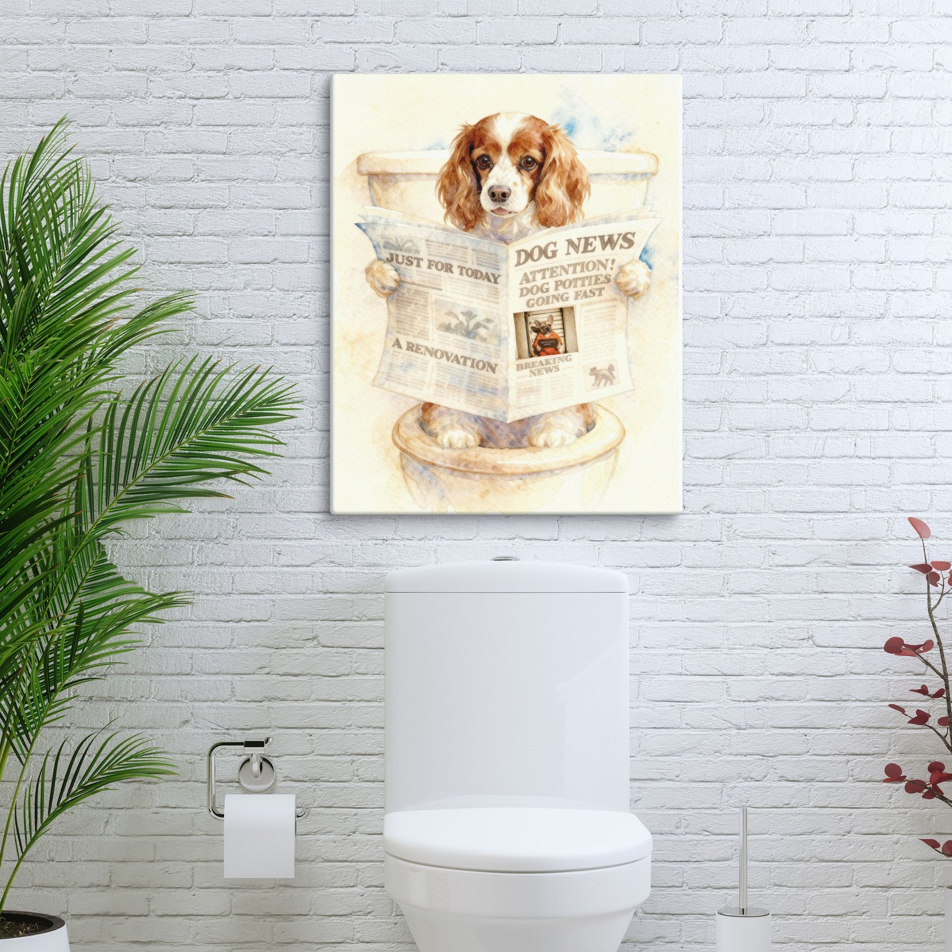Canvas print of a dog reading a newspaper on a toilet tank cover, with a plant and toilet visible.