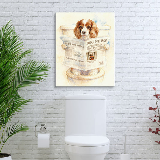 Canvas print of a dog reading a newspaper on a toilet tank cover, with a plant and toilet visible.