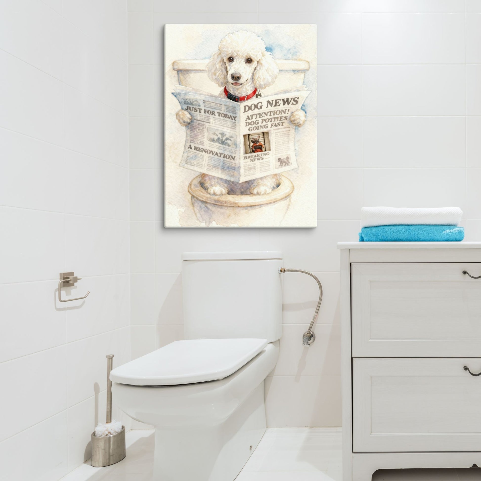 Personalized Dog Bathroom Art featuring a poodle humorously reading 'DOG NEWS' on the toilet, adding charm and laughter to a modern bathroom.