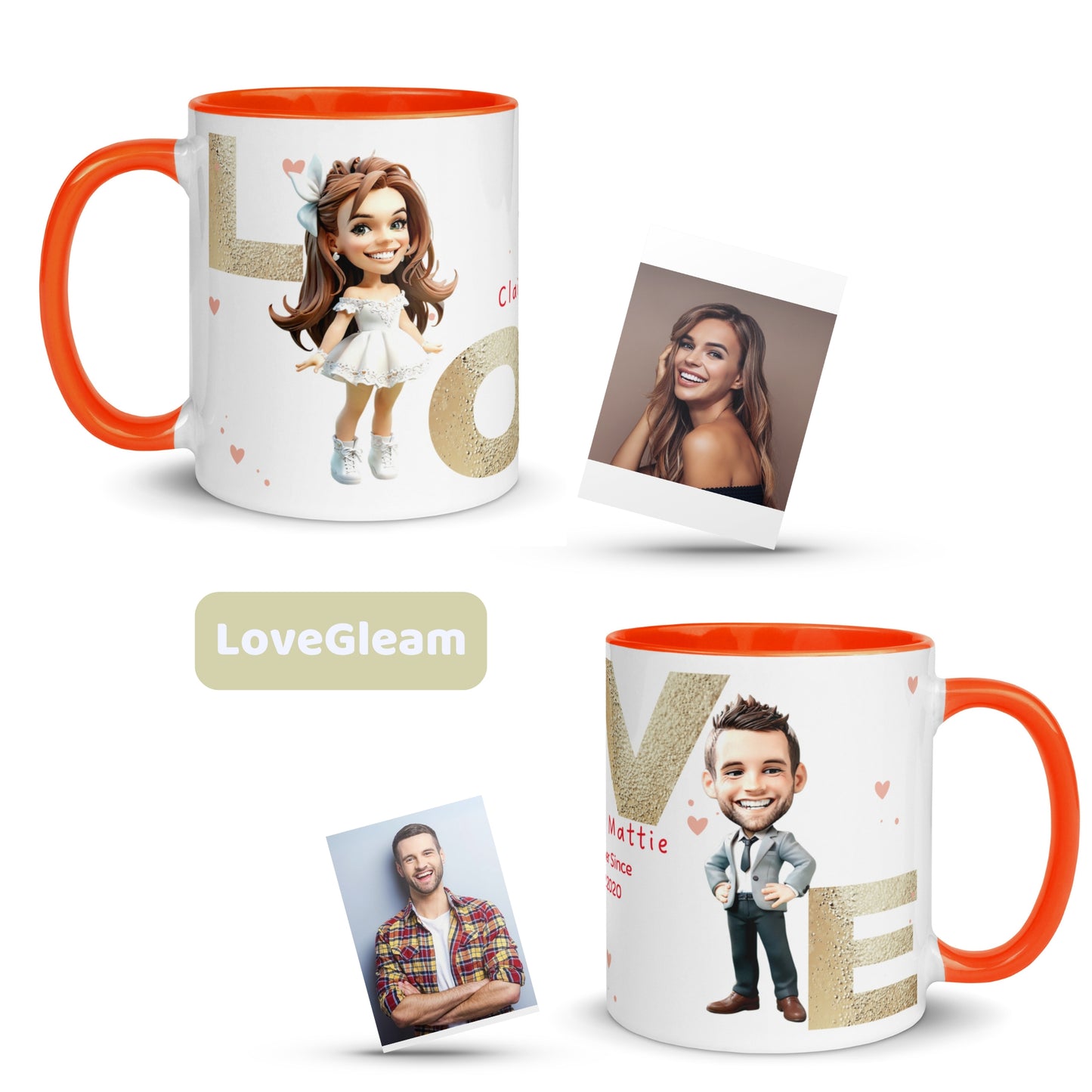 Personalized couple mug featuring cartoon portraits of a woman in a white dress and a man in a smart outfit, each paired with their original photos. 'LOVE' in champagne gold lettering spans the mug.