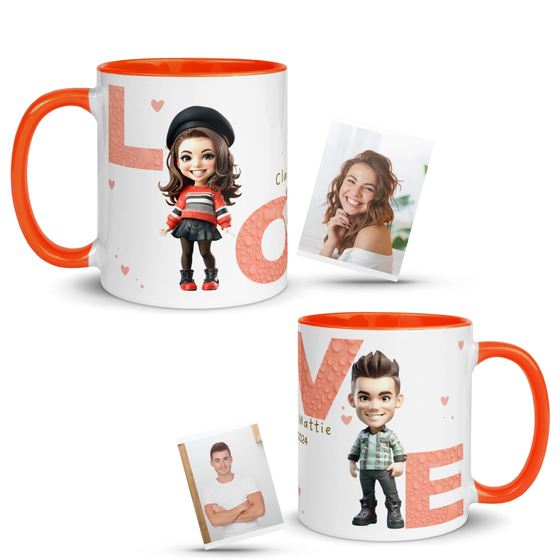 Personalized couple mug featuring cartoon portraits of a young woman in a casual chic dress and a man in a casual outfit, each paired with their original photos. 'LOVE' in pink lettering spans the mug.