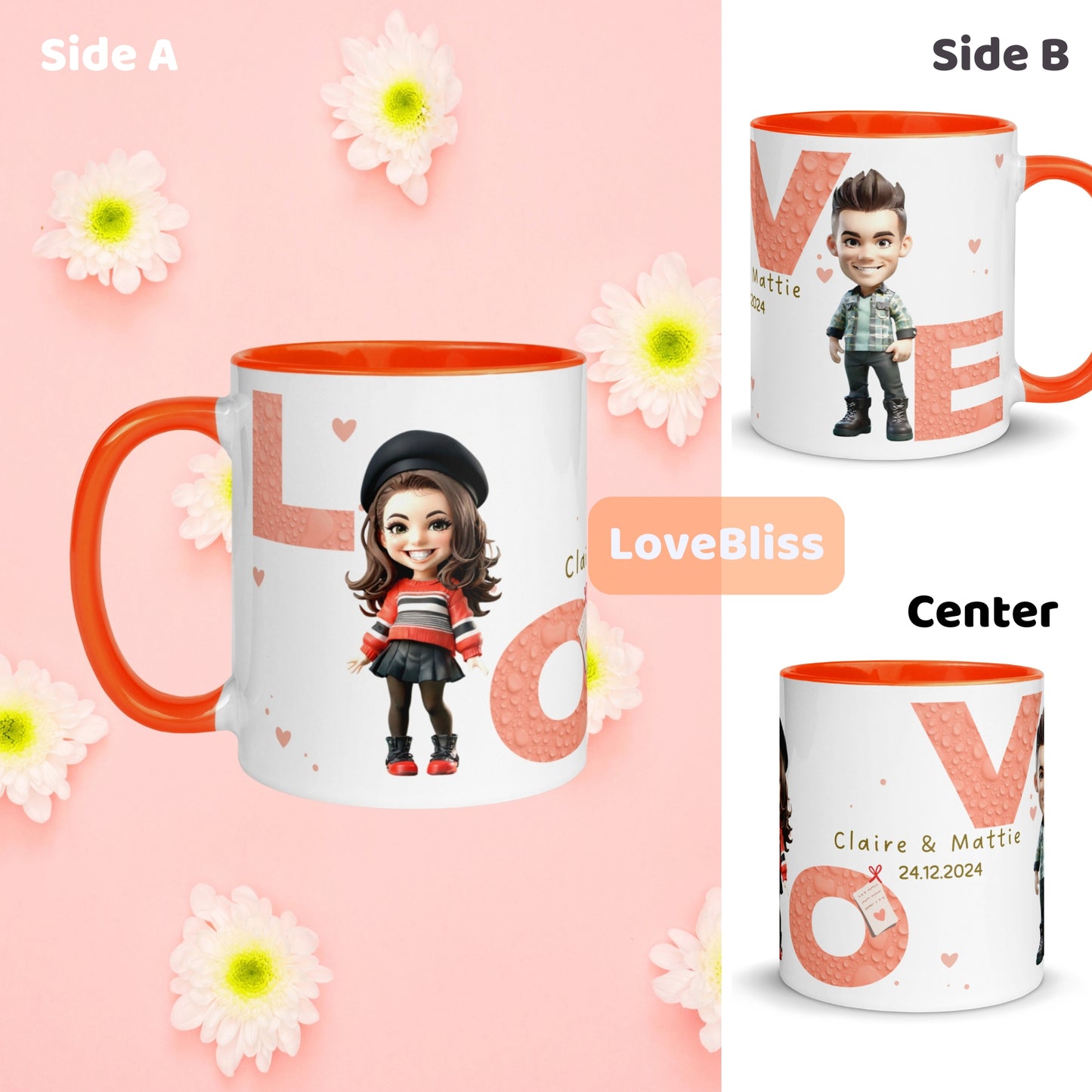 Personalized couple mug with cartoon portraits: a young woman in a chic casual dress on one side, a man in a casual outfit on the other. Features 'LOVE' in pink lettering, custom names, and 'together since [date]' at the center.