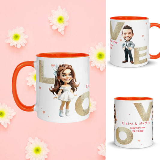 Personalized couple mug featuring cartoon portrait of a woman in a white dress on one side, a man in a smart outfit on the other, with 'LOVE' in champagne gold lettering. Includes custom names and 'together since [date]' at the center.