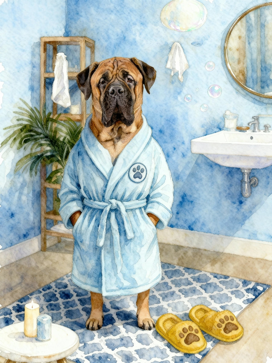 Personalized dog bathroom art featuring a Mastiff in bathrobe, illustrated in watercolor style with cozy bathroom decor.