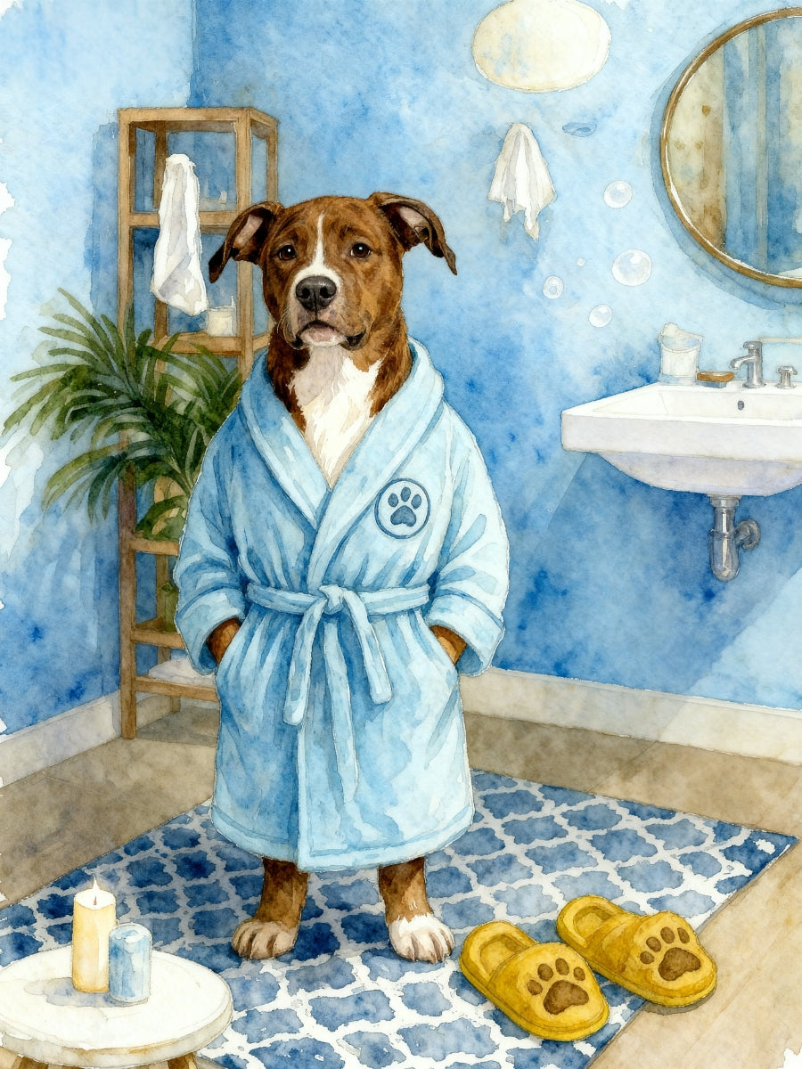 Personalized dog bathroom art featuring anthropomorphic dog in bathrobe, illustrated in watercolor with cozy bathroom decor and playful details.