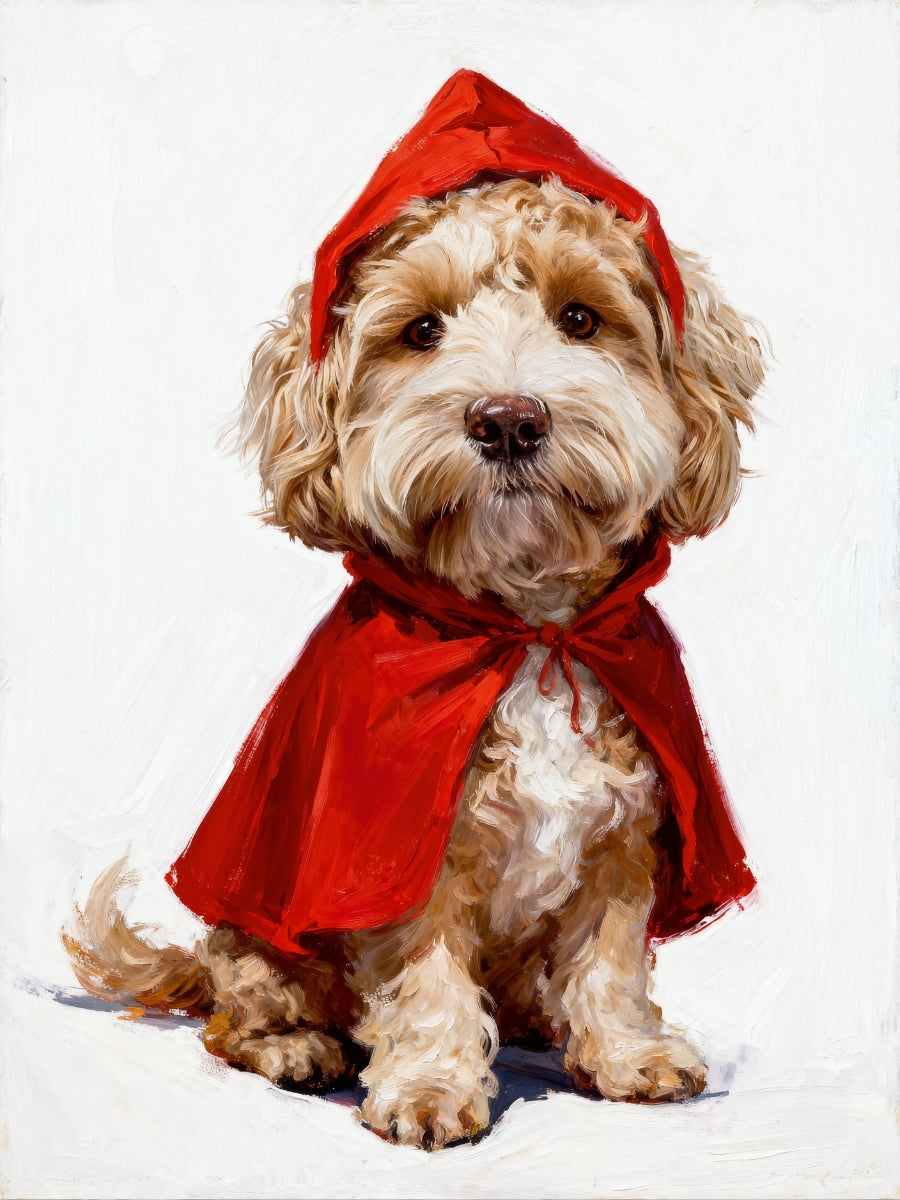 Custom pet portrait of a small dog in a red riding hood cape, whimsical fairy tale costume for personalized pet artwork.