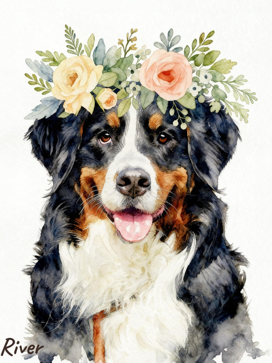Watercolor illustration of a dog wearing a floral crown, set against a white background.