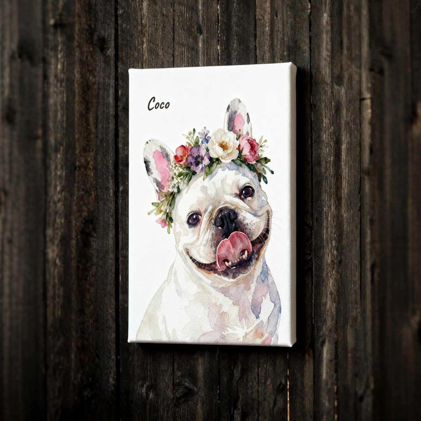 Watercolor Canvas print of a dog with a floral crown on a wooden wall