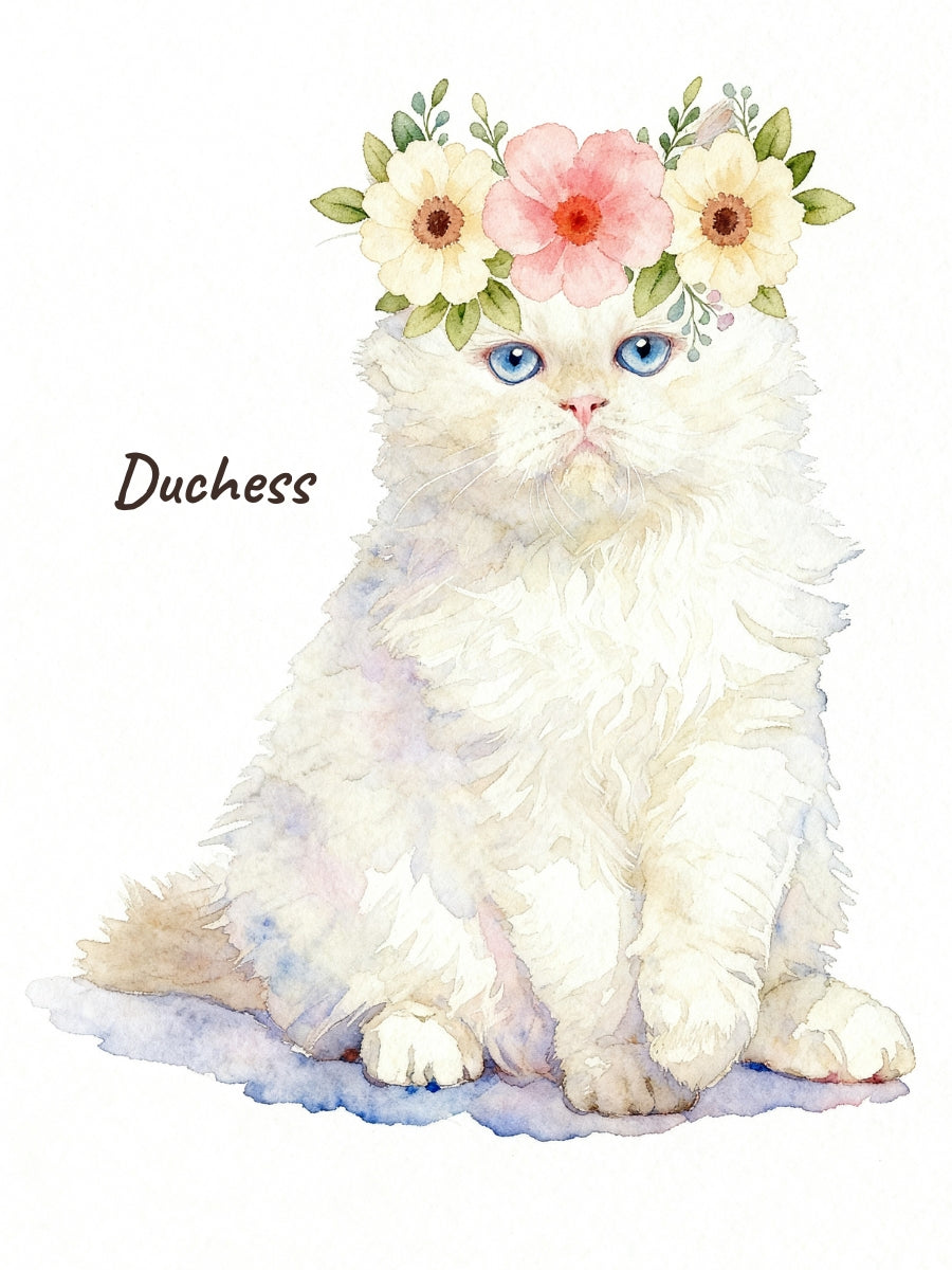Watercolor illustration of a white cat wearing a floral crown, set against a white background.