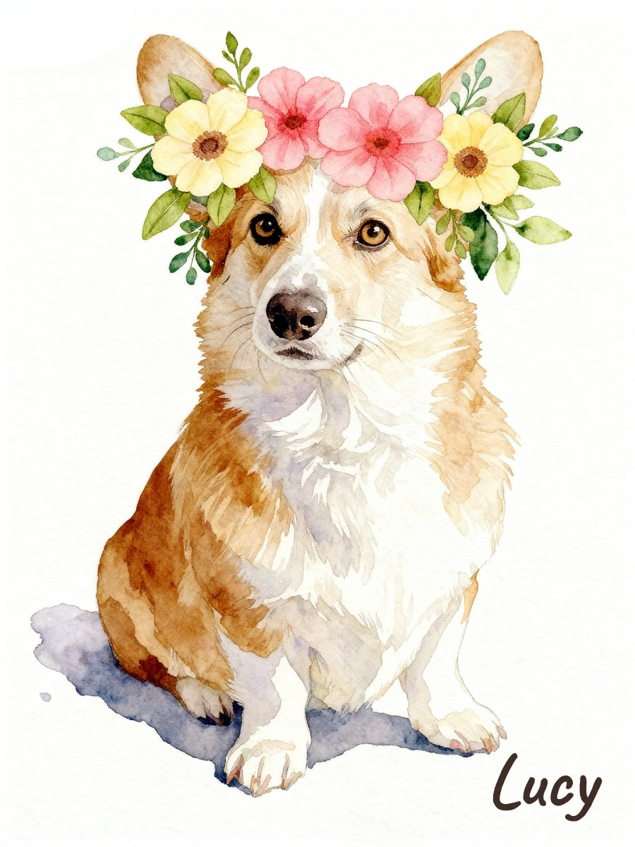 Watercolor illustration of a Corgi dog wearing a floral crown, set against a white background.