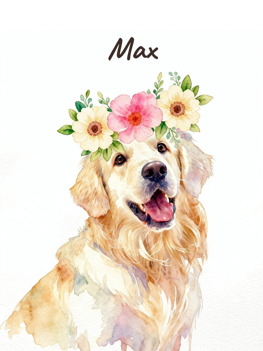 Watercolor illustration of a dog wearing a floral crown, set against a white background.