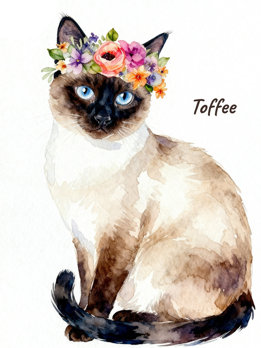 Watercolor illustration of a Siamese cat wearing a floral crown, set against a white background.
