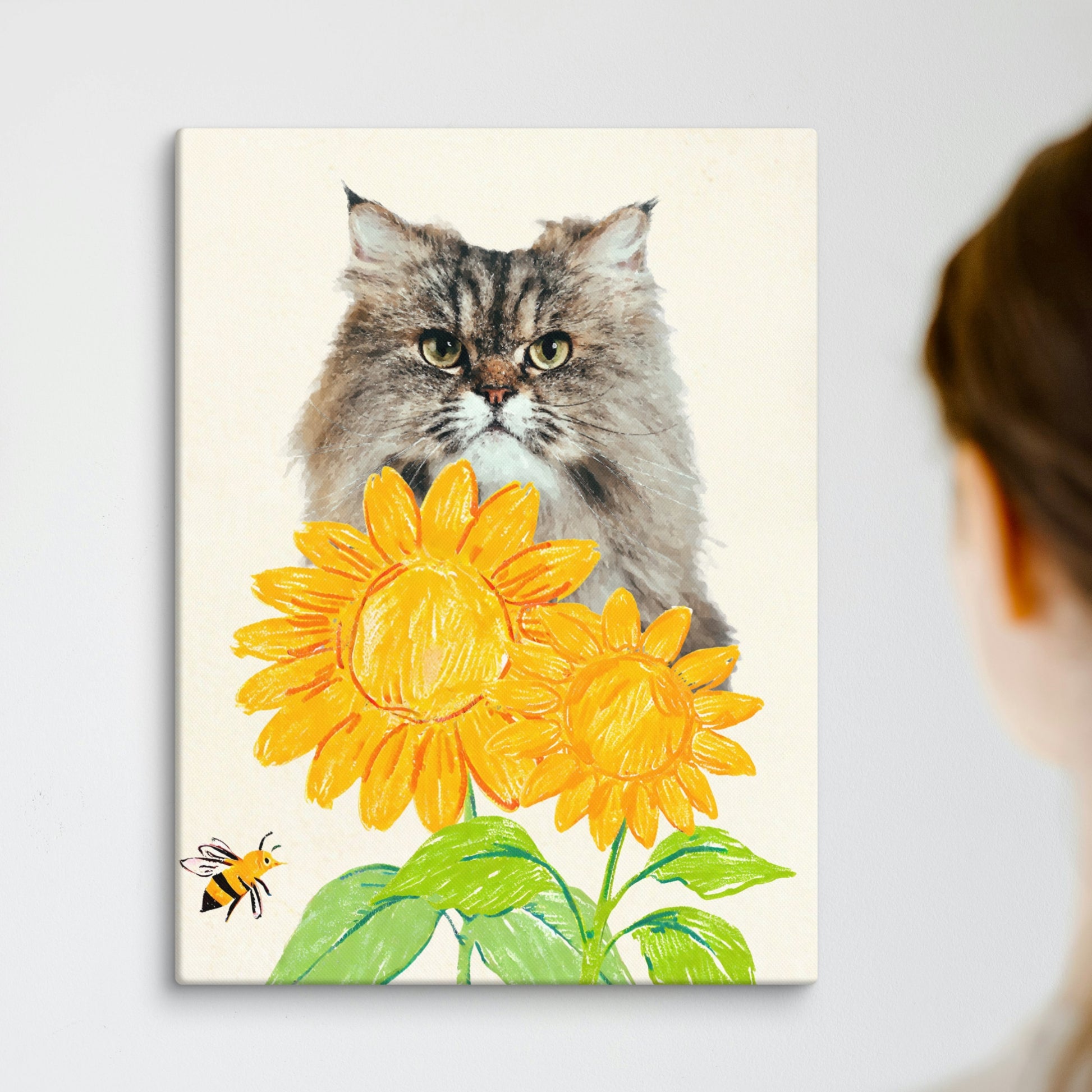 Minimalist pet portrait of a long-haired cat with intense eyes, illustrated in soft watercolor style, placed behind bright yellow crayon-style sunflowers with a whimsical bee near the corner.