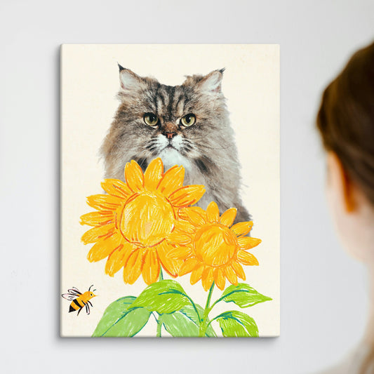 Minimalist pet portrait of a long-haired cat with intense eyes, illustrated in soft watercolor style, placed behind bright yellow crayon-style sunflowers with a whimsical bee near the corner.