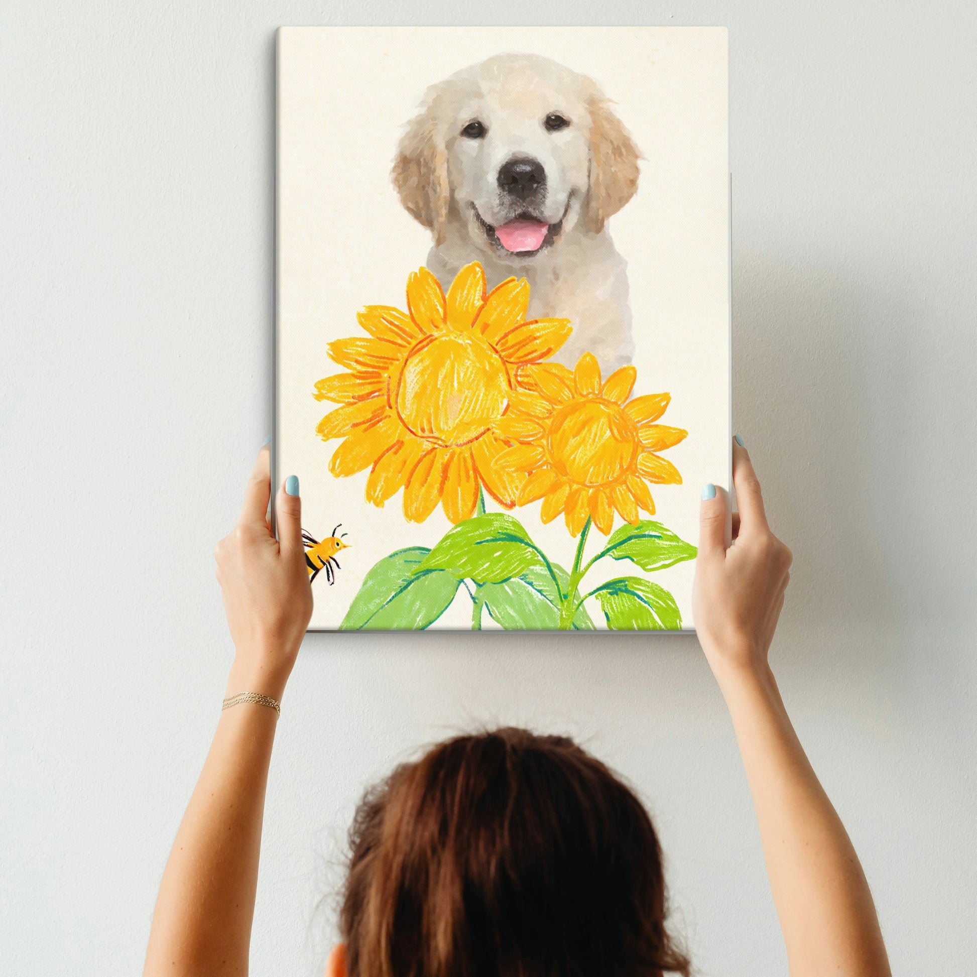 Minimalist pet portrait of a golden retriever puppy illustrated in soft watercolor style, surrounded by bright crayon-style sunflowers and a bee, held by a person — a cheerful, handmade piece full of childlike charm and sunshine.
