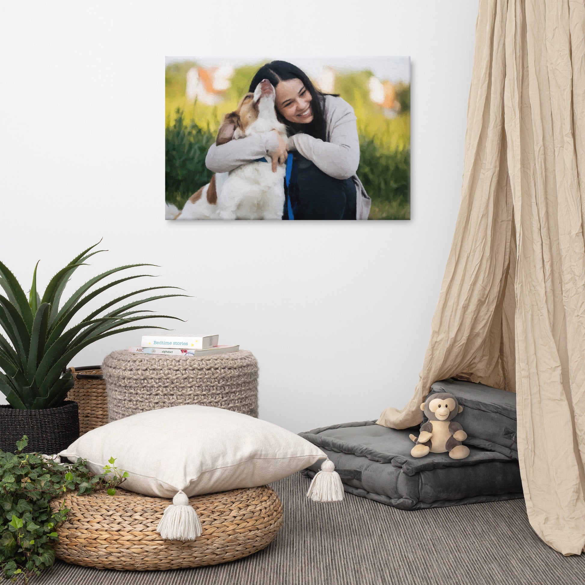Pet and owner portraits featuring a woman and her dog on a canvas displayed on a wall of a modern living room