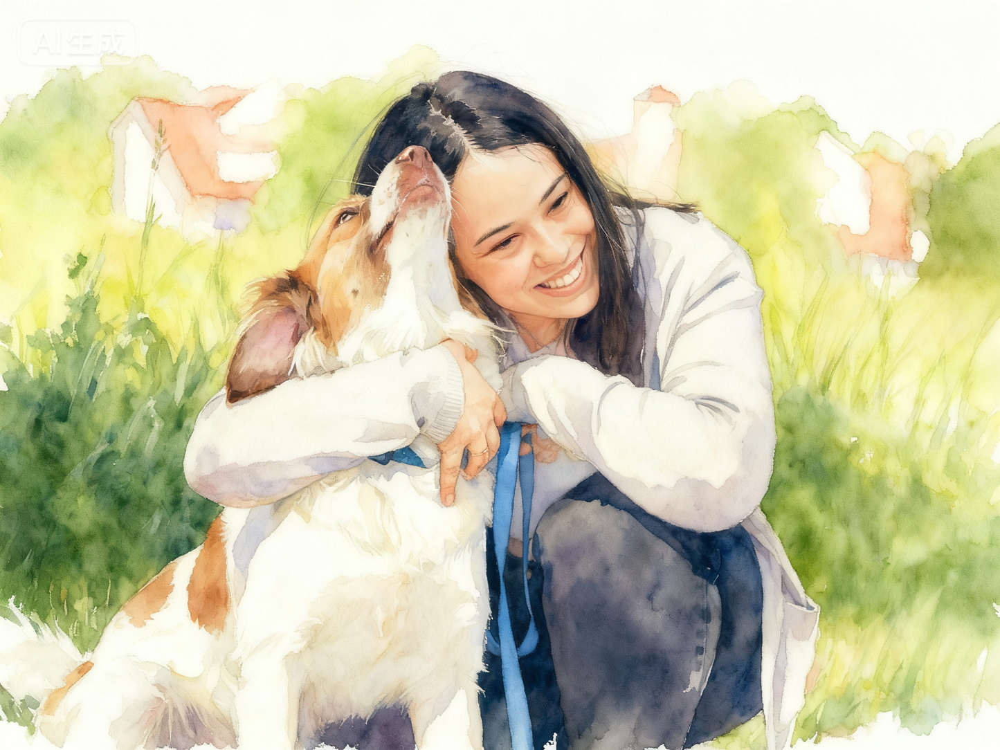 Watercolor portrait of woman hugging her dog outdoors, capturing pet-owner bond in art.