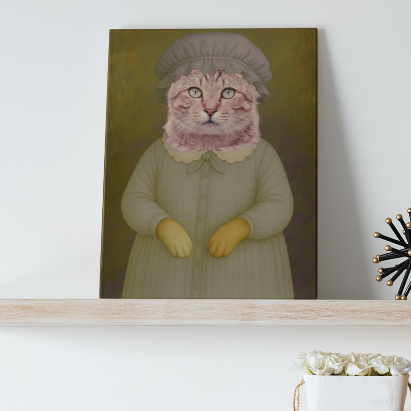 A canvas portrait of a Tabby cat dressed as Granny Wolf, elegantly displayed on a wall. The dog is adorned in vintage-style clothing with intricate details, radiating a whimsical and nostalgic charm.