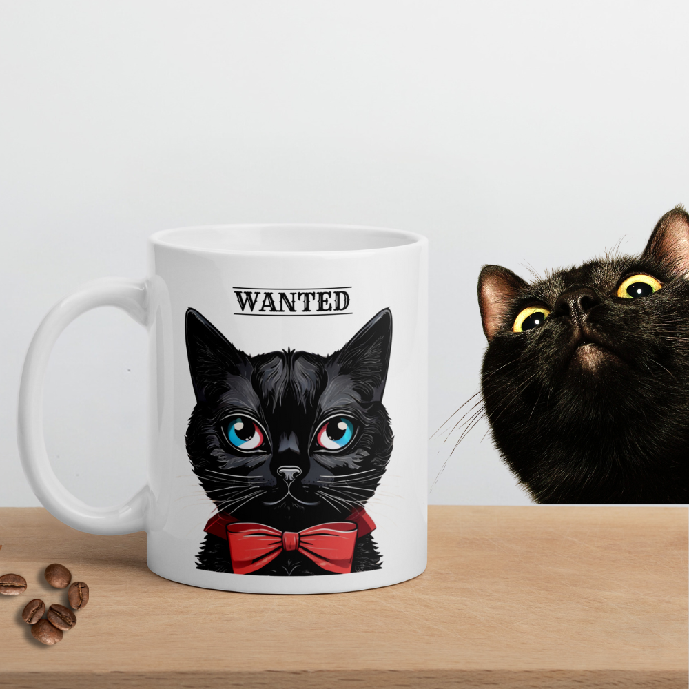 Wanted: Black Cat - White Glossy Mug