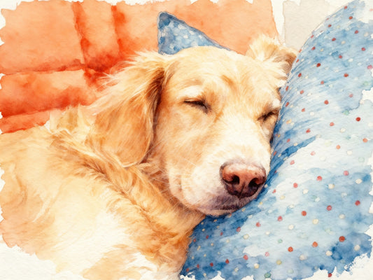 Watercolor portrait of a sleeping dog on a pillow.
