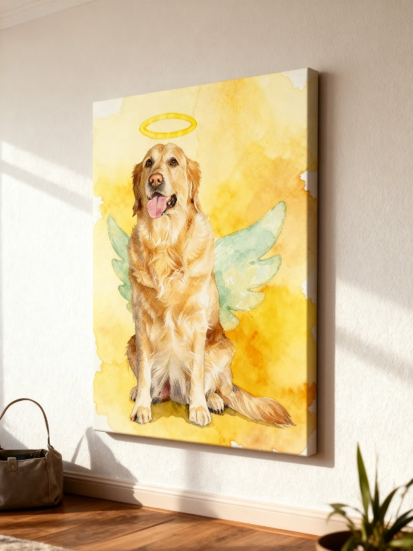 Canvas print of a dog with angel wings and a halo on wall.