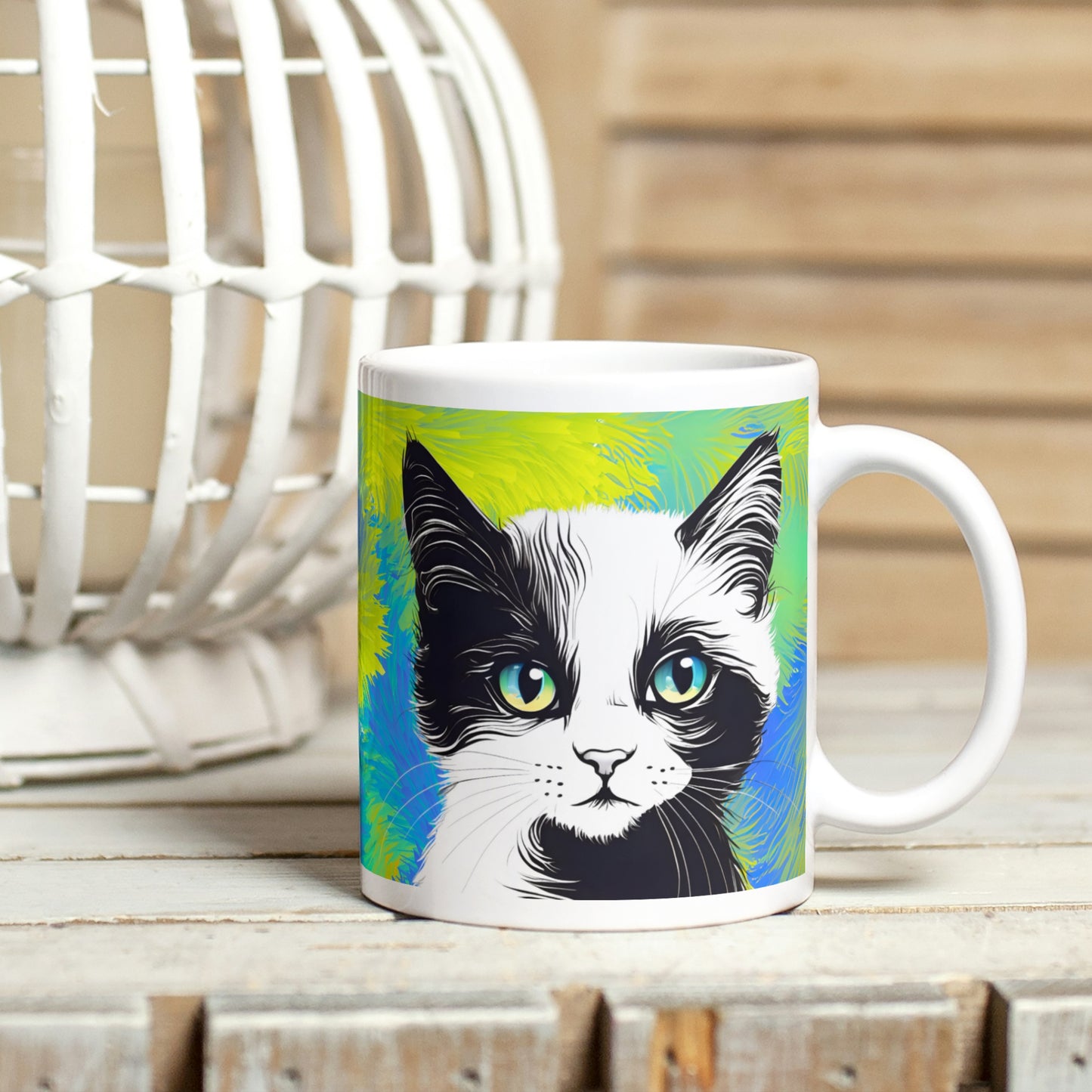 A close-up of a white glossy ceramic mug adorned with a black and white cat illustration, set against a vibrant, artistic backdrop and elegantly positioned on a table.