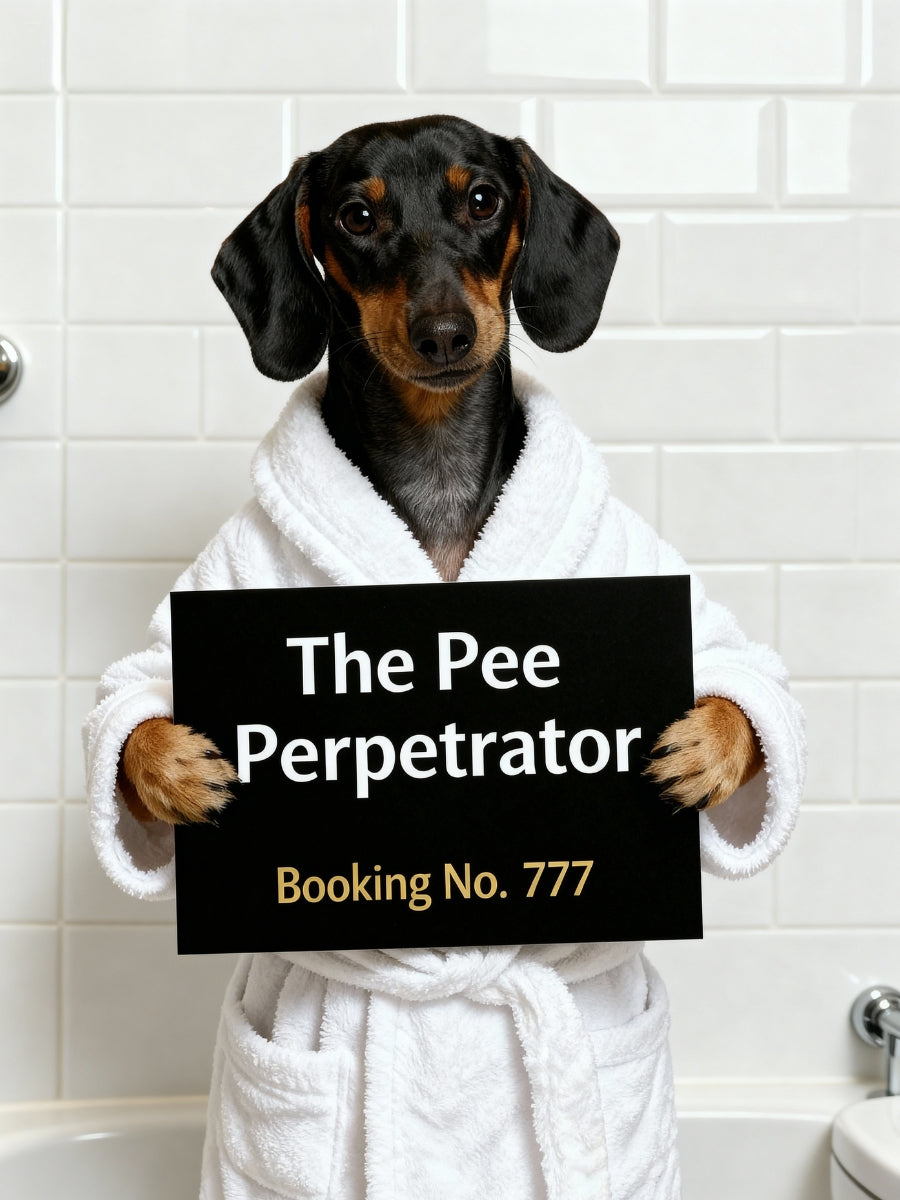 Funny personalized dog bathroom art featuring Dachshund in bathrobe holding 'The Pee Perpetrator' sign – custom pet portrait for cheeky bathroom decor.