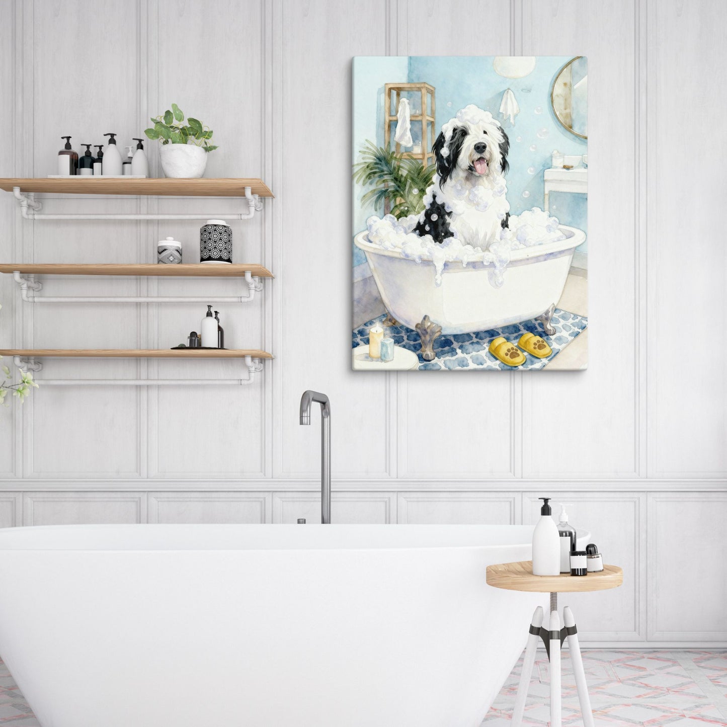  Bathroom with a bathtub and a canvas wall art of a dog in a bathtub.