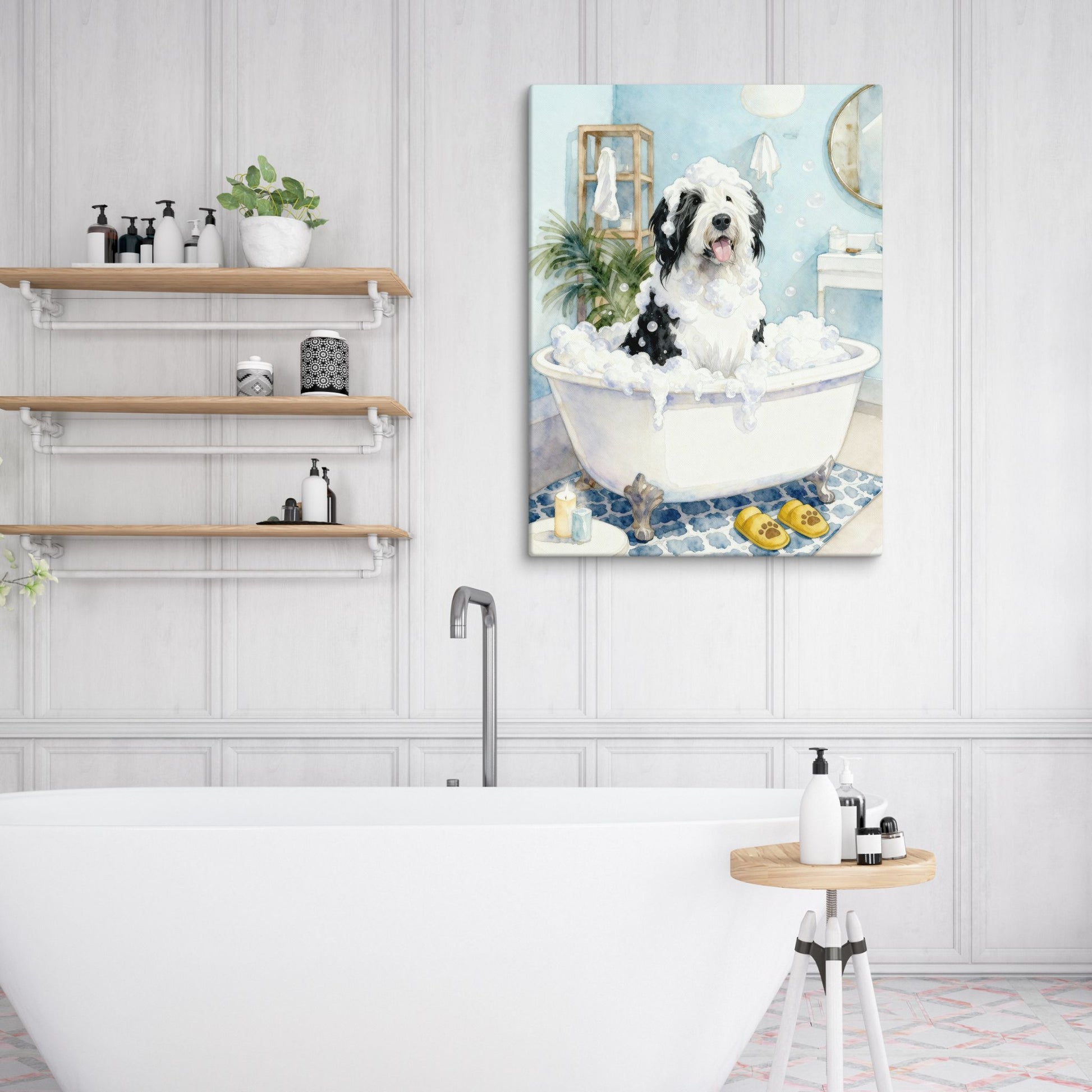  Bathroom with a bathtub and a canvas wall art of a dog in a bathtub.