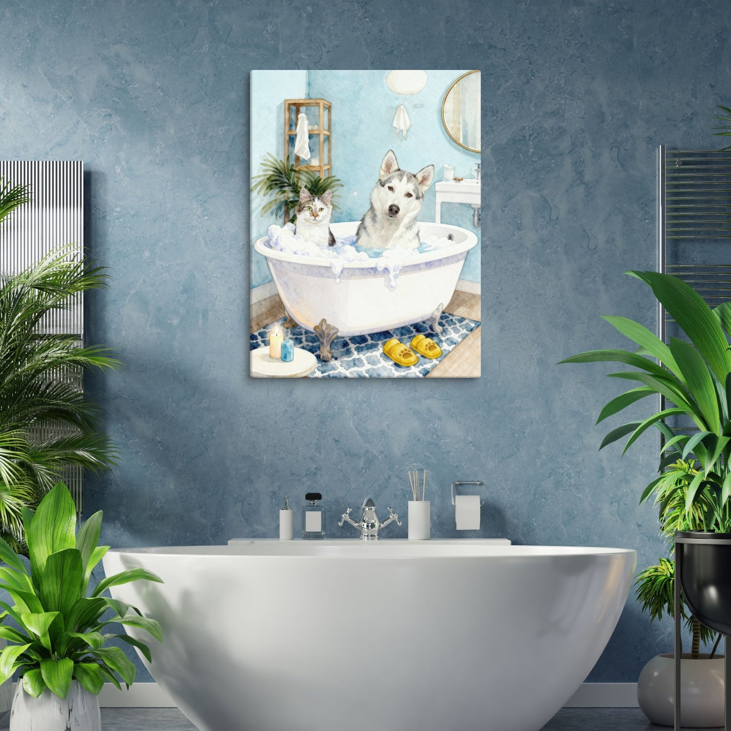 Canvas print of a dog and a cat in a bathtub on a wall in a bathroom setting.