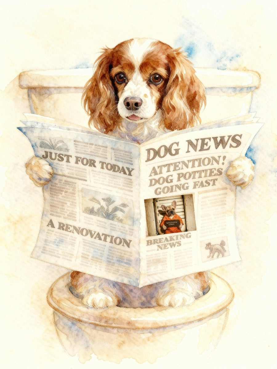 Personalized Dog Bathroom Art featuring a dog reading a newspaper in a bathtub with humorous headlines.