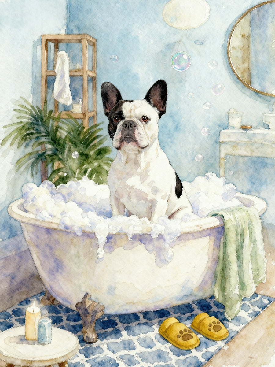 Dog bathroom portrait featuring a pet sitting in a vintage-style bathtub surrounded by bubbles and cozy bathroom decor in a whimsical watercolor scene.